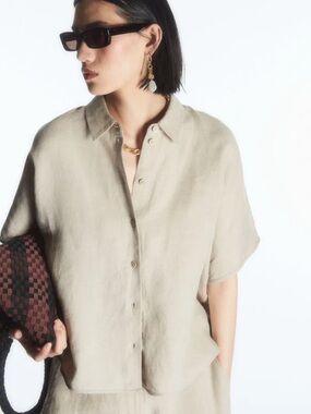COS Linen Rolled Sleeve Cropped Top Boxy Fit Loose Button-Up Tan Lightweight